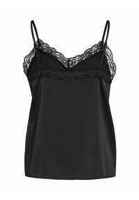 Camisole noire en tissu lisse, avec une bordure en dentelle le long de l'encolure et des bretelles. Bretelles spaghetti ajustables.