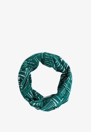 Ringikujuline roheline kangast kaelarihmakas valge abstraktse lineaarsuse mustriga valgel taustal.