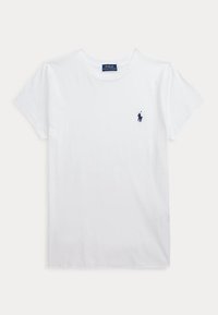 White short-sleeve crew neck t-shirt with small navy blue Polo Ralph Lauren logo on the left chest.
