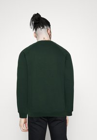 Zelená mikina s dlouhými rukávy, kulatým výstřihem a žebrovanými lemy rukávů a spodního kraje. Materiál působí strukturovaně; viditelné švy podél spojů.