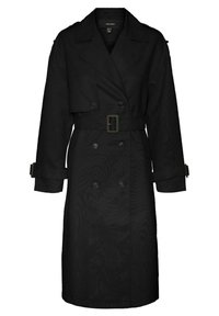 Czarny trenchcoat z podwójnym zapięciem, szerokimi klapami, paskiem w talii oraz odczepianymi mankietami. Gładka tekstura z klasycznym krojem.