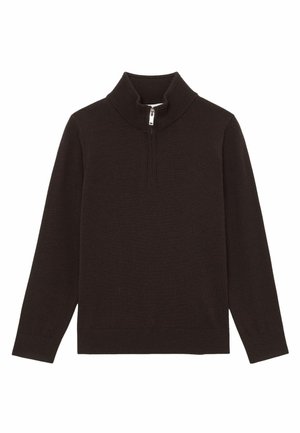 Brown knitted sweater with a high collar and half-zip closure. Long sleeves and ribbed cuffs. Smooth texture, minimalistic design.