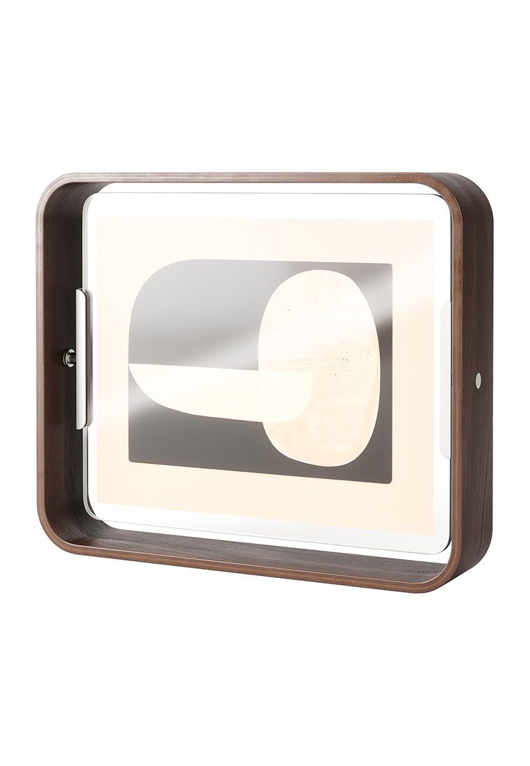 Obraz w ramie z ciemnym drewnianym obramowaniem, przedstawiający geometryczne kształty w stonowanych odcieniach beżu i czerni na jasnym tle.