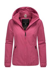 Ljust rosa zip-up jacka med huva, som har två sidofickor, elastiska ärmavslut och ett mönstrat foder vid inre halsringning.