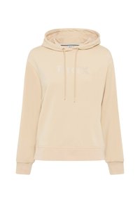 Beige hoodie met een zachte textuur, grote capuchon en koordjes. Bevat een subtiele, glanzende "Brax" logo over de borst. Losse pasvorm.