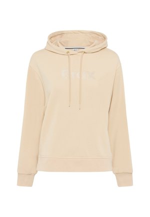 Beige hoodie met een zachte textuur, grote capuchon en koordjes. Bevat een subtiele, glanzende "Brax" logo over de borst. Losse pasvorm.