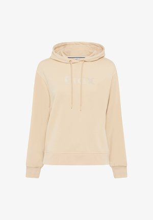 Beige hættetrøje med blød tekstur, stor hætte og snore. Har et subtilt, skinnende "Brax" logo over brystet. Afslappet pasform.