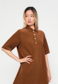 Robe à col marron en tissu doux, avec un devant à boutons comportant cinq boutons métalliques et des manches courtes. Texture lisse, coupe décontractée.