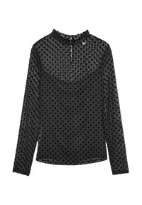 Svart långärmad topp med en texturerad prickig design, hög hals och en nyckelhålsslutning i ryggen. Tillverkad av lätt, genomskinligt tyg.