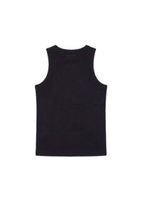 Débardeur noir sans manches avec larges emmanchures, col rond et ourlet droit, vu de dos sur fond blanc.