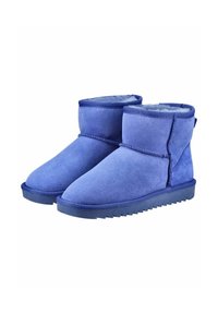Blaue Wildleder-Stiefeletten mit einem weichen Innenfutter, runder Zehenpartie und einer strukturierten Gummisohle mit Zickzackmuster. Niedrig geschnittenes Design.