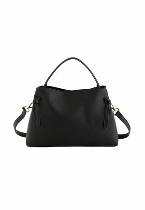 Sac à main en cuir noir avec une seule poignée supérieure et une bandoulière réglable, texture douce et ferrures minimalistes couleur or sur fond blanc.