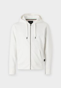 Witte zip-up hoodie gemaakt van zachte stof, met een capuchon met trekkoorden, twee voorzakken en een klein logo op de borst.