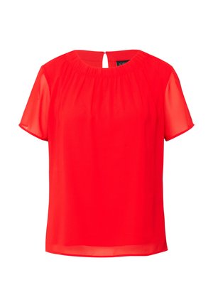 Blusa rossa a maniche corte con scollo arricciato e tessuto semitrasparente su maniche e orlo, con un piccolo foro a goccia sul retro.