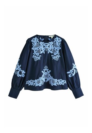 Navy blue blouse with puffed sleeves, featuring intricate light blue floral embroidery along the front and sleeves. Back zip closure.