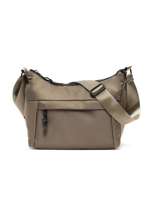 Borsa a tracolla taupe con tracolla regolabile, tasca con zip frontale e chiusura superiore con zip, realizzata in tessuto di nylon liscio.