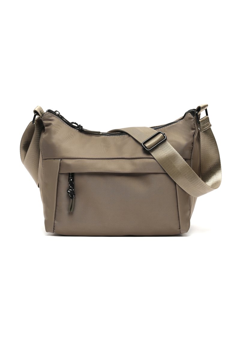 Borsa a tracolla taupe con tracolla regolabile, tasca con zip frontale e chiusura superiore con zip, realizzata in tessuto di nylon liscio.