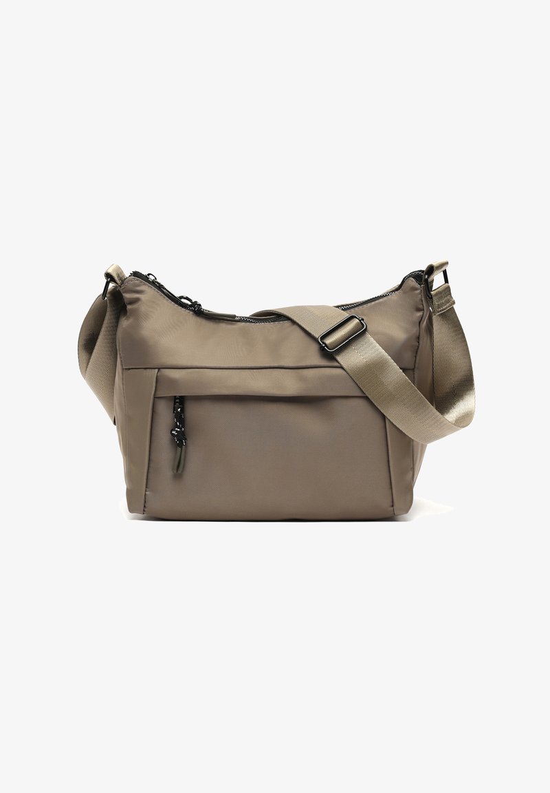 Borsa a tracolla taupe con tracolla regolabile, tasca con zip frontale e chiusura superiore con zip, realizzata in tessuto di nylon liscio.