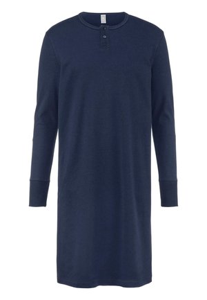 Navy blue long-sleeve nightgown made from cotton, featuring a buttoned henley neckline and ribbed cuffs. Smooth texture, knee-length silhouette.