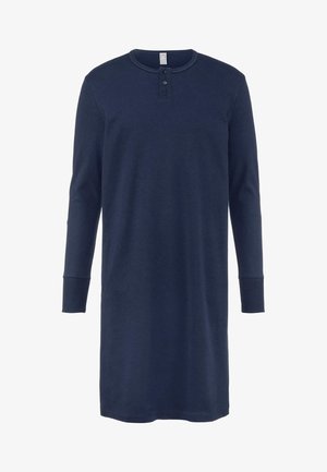 Nachtkleid mit langen Ärmeln in Marineblau, aus Baumwolle gefertigt, mit einem geknöpften Henley-Ausschnitt und gerippten Bündchen. Glatte Textur, knielange Silhouette.
