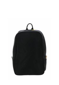 Sac à dos noir en matière lisse, de forme rectangulaire, avec une poignée supérieure et des poches latérales. Fermeture zippée avec un détail accentué jaune.