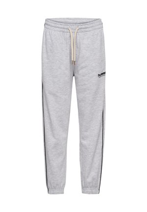 Graue Jogginghose aus einem Baumwollmischgewebe, mit elastischem Bund und Kordelzug, Seitenstreifen und einem Logo auf der Vorderseite.