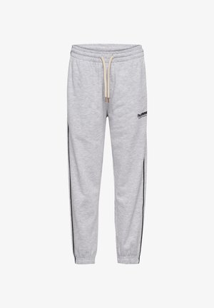 Szare spodnie dresowe wykonane z bawełnianej mieszanki, posiadające elastyczną talię ze sznureczkami, boczne paski oraz logo z przodu.