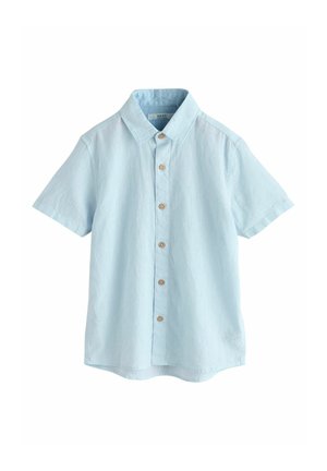 Hele sinine lühikeste varrukatega nööpidega särk, millel on klassikaline krae ja viis ees nähtavat pruuni nuppu.