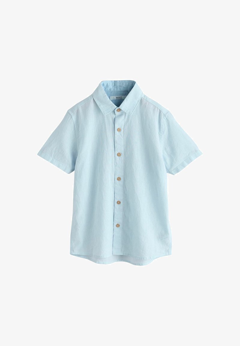 Világoskék rövid ujjú, gombos ing klasszikus gallérral és öt látható barna gombbal az elülső részen.