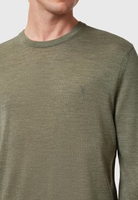 Olivengroene gebreide trui met ronde hals, met een fijne structuur en subtiele details, voorzien van een kleine geborduurde accent op de borst.