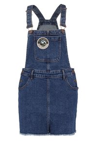 Denim overallklänning, mörkblå, har justerbara axelremmar, framficka med cirkulär patch, fem fickor och fransar i nederkanten.