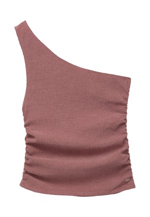 Mörkröd topp med en axel, med samlad sideoch texturerat tyg. Har en mjuk yta och en figurnära silhuett.