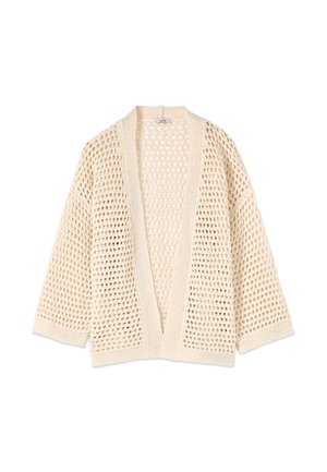 Beige avoin neulehuppari, jossa löysä kudontamalli ja kolme neljäsosaa hihat, suunniteltu rentoa istuvuutta varten.