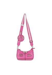 Bolso de imitación de cuero rosa con forma curvada, con la marca "Barbie" y el número "59", correa ajustable de rayas y tirador de cremallera redondo.