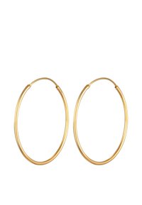 Orecchini a cerchio in tono oro con un design liscio e arrotondato. Sottile e leggero, con un fermaglio senza giunture per la chiusura.