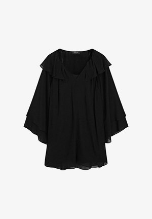 Zwarte chiffon blouse met een V-hals, gelaagde ruffle-mouwen en een losse pasvorm. Soepele textuur en lichtgewicht ontwerp, geschikt voor het combineren.