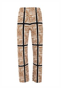 Gemusterte Hosen mit einem elastischen Bund. Sie zeigen ein braun-weißes Blattdesign in quadratischen Mustern, umrandet von schwarzen Linien.