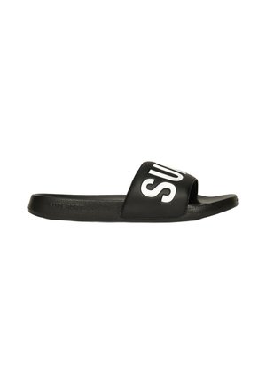 Infradito neri in materiale sintetico, con una fascia ampia decorata da lettere bianche, sole piatto e design open-toe.