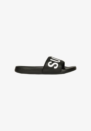 Infradito neri in materiale sintetico, con una fascia ampia decorata da lettere bianche, sole piatto e design open-toe.