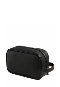 Neceser de cuero negro con forma rectangular, cierre de cremallera y asa lateral, con superficie texturizada y sin patrones visibles.