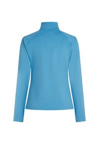 Haut bleu manches longues ajusté avec col haut, vu de dos, en tissu lisse et extensible.