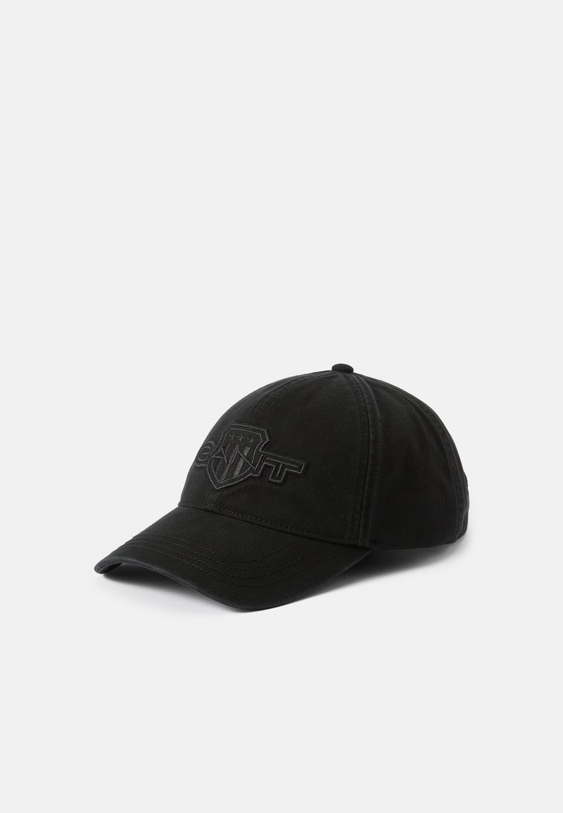 Cappellino da baseball nero con visiera curva. Presenta un logo ricamato sul davanti, corona strutturata e materiale in tessuto.