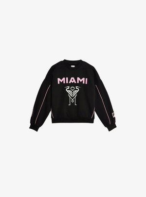 Czarny sweter z różowym grafiką "MIAMI", białym geometrycznym wzorem i różowymi akcentami po bokach. Żebrowane mankiety i dół dopełniają całość.