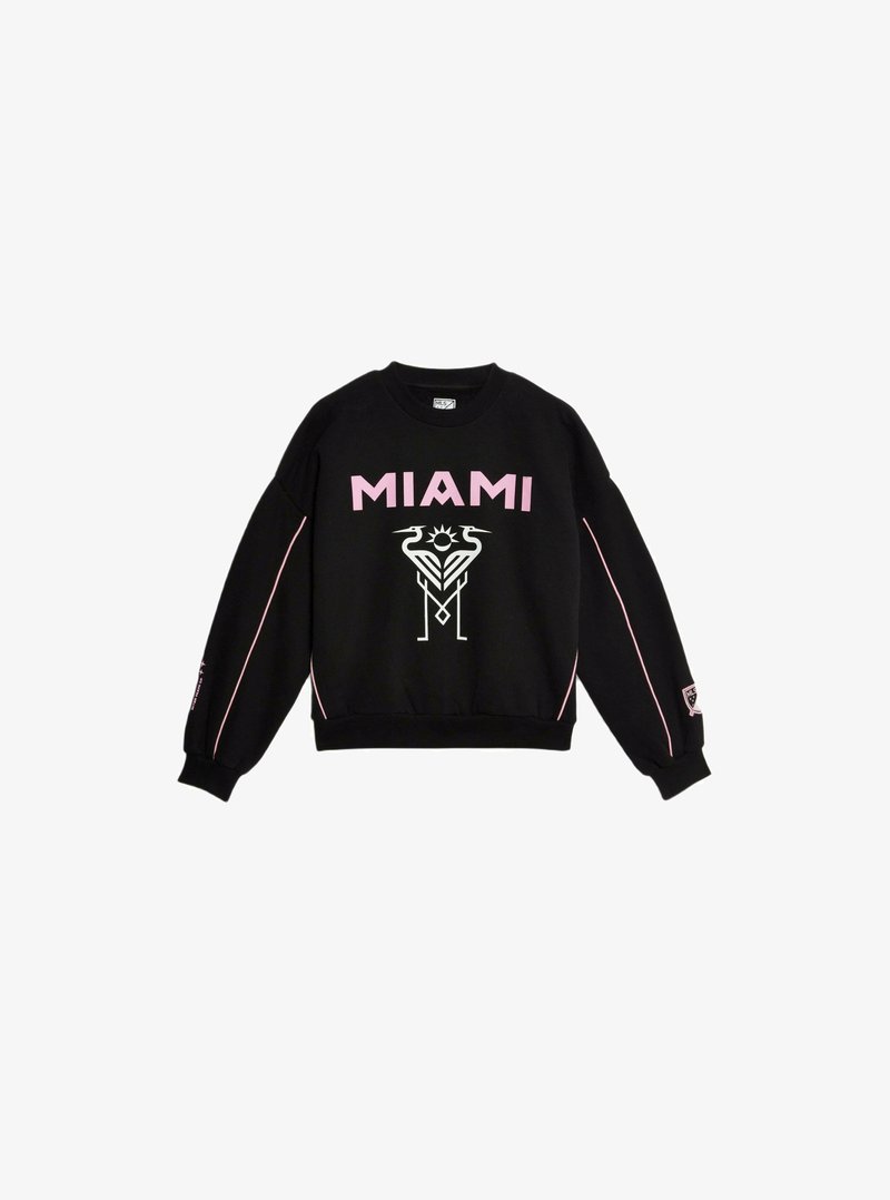 Svart sweatshirt med en rosa "MIAMI" grafik, vit geometrisk design och rosa sidodetaljer. Ribbad mudd och nederkant fulländar utseendet.