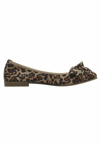 Ploché topánky s leopardím vzorom, s guľatou špičkou, textúrovanou látkou, malou mašľou vpredu a nízkym, lamelovým podpätkom.
