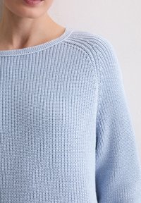 Helles blaues Strickpullover mit strukturiertem Muster, Rundhalsausschnitt und Raglanärmeln. Der Stoff wirkt weich und atmungsaktiv.