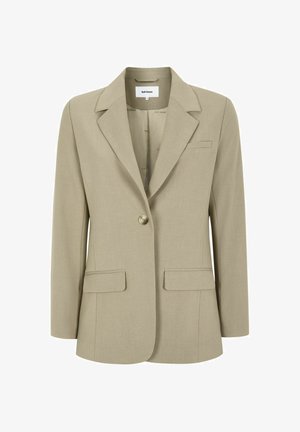 Beiger Blazer aus strukturiertem Stoff mit Reverskragen, Einschnappverschluss und zwei vorderen Taschen. Marke: Soft Rebels.