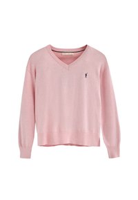 Maglione rosa chiaro con scollatura a V, maniche lunghe e polsini a coste; presenta un piccolo logo nero sul lato sinistro del petto; realizzato in materiale morbido.