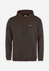 Dunkelbrauner Hoodie mit einer Fronttasche, verstellbarem Kordelzug-Schild und gesticktem Logo auf der Brust. Hergestellt aus einem weichen, strukturierten Stoff.