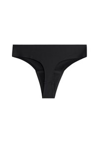 Schwarze Tanga-Unterwäsche aus glattem Material, mit minimalistischem Design, dünnen Seiten und einem tief sitzenden Schnitt.